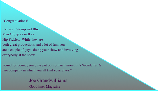 


 “Congratulations!

 I’ve seen Stomp and Blue            
 Man Group as well as 
 Hip Pickles.  While they are
 both great productions and a lot of fun, you    
 are a couple of guys, doing your show and involving   
 everybody at the show.

 Pound for pound, you guys put out so much more.  It’s Wonderful &  
 rare company in which you all find yourselves.”  

                               Joe Grandwilliams
                               Goodtimes Magazine